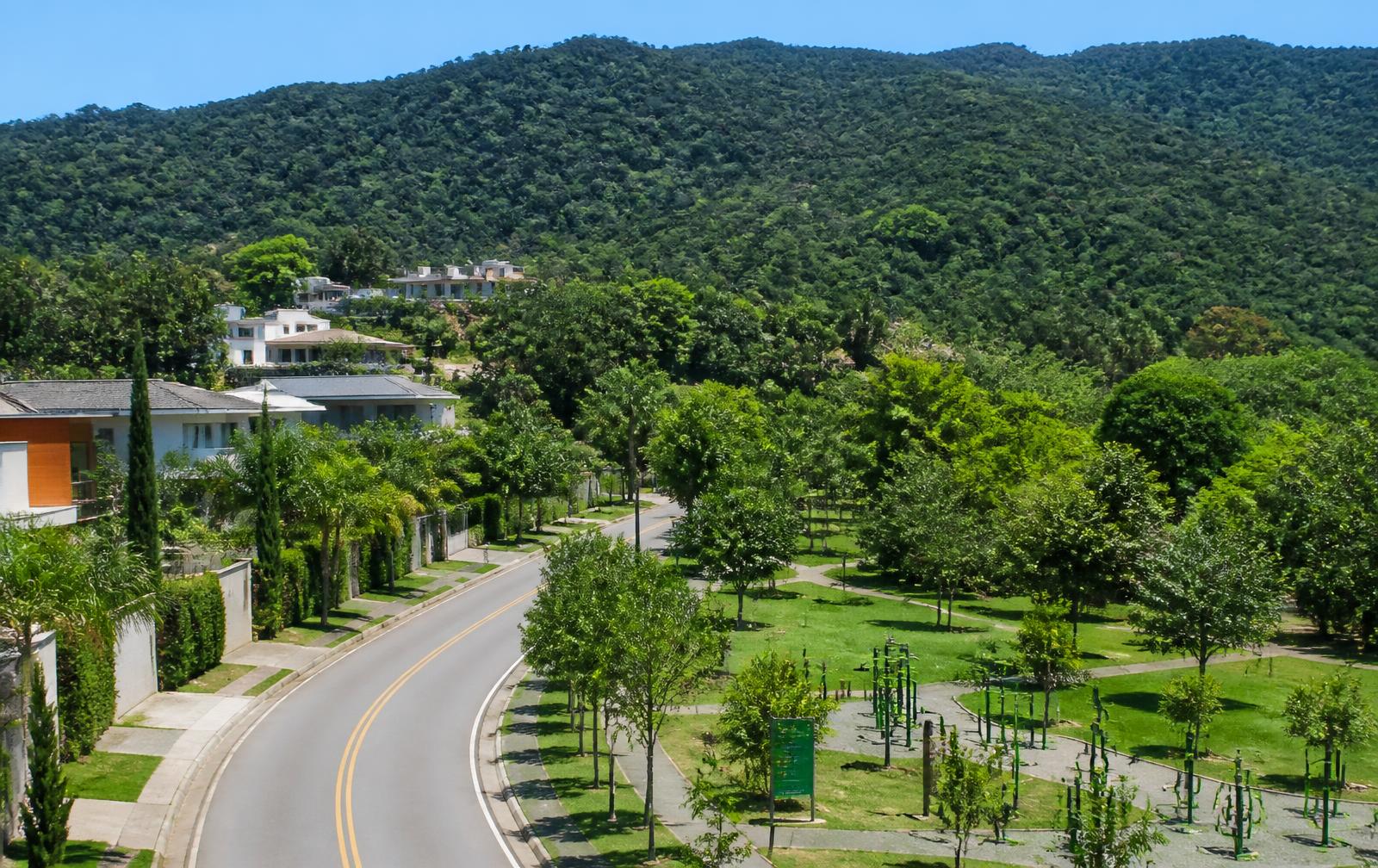 Rua arborizada no bairro Eloy Chaves, em Jundiaí, com o parque botânico e a mata da Serra do Japi ao fundo